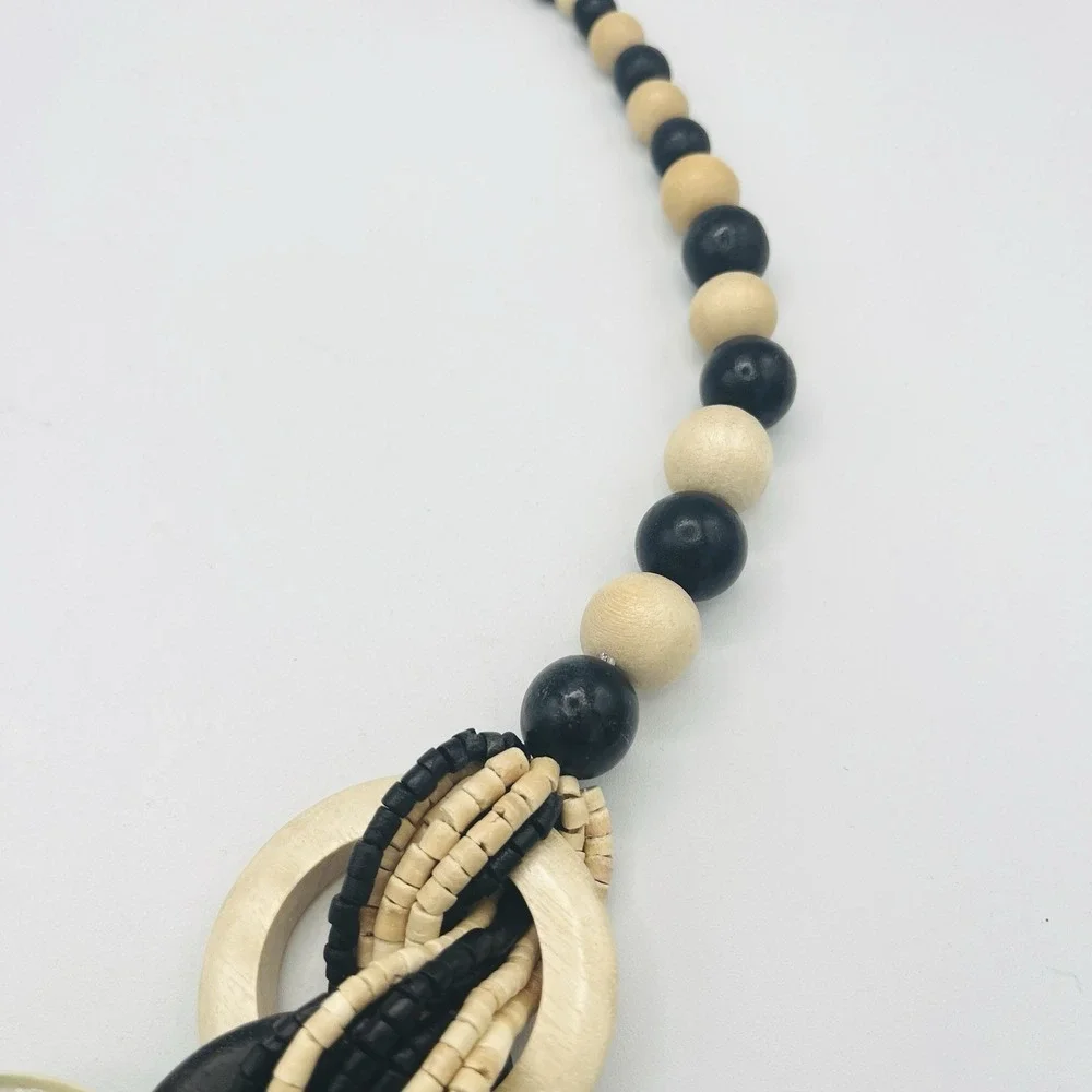 Vintage Y2K Earthy Statement‎ Necklace Chunky Tribal Black Ivory Disk Beaded 29